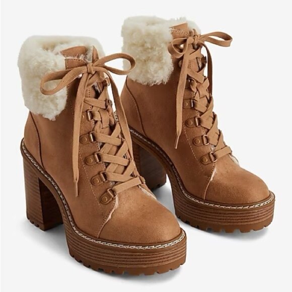 NWOT Faux Suede Shearling Lined Lace Up Platform Heeled Booties - Picture 2 of 4